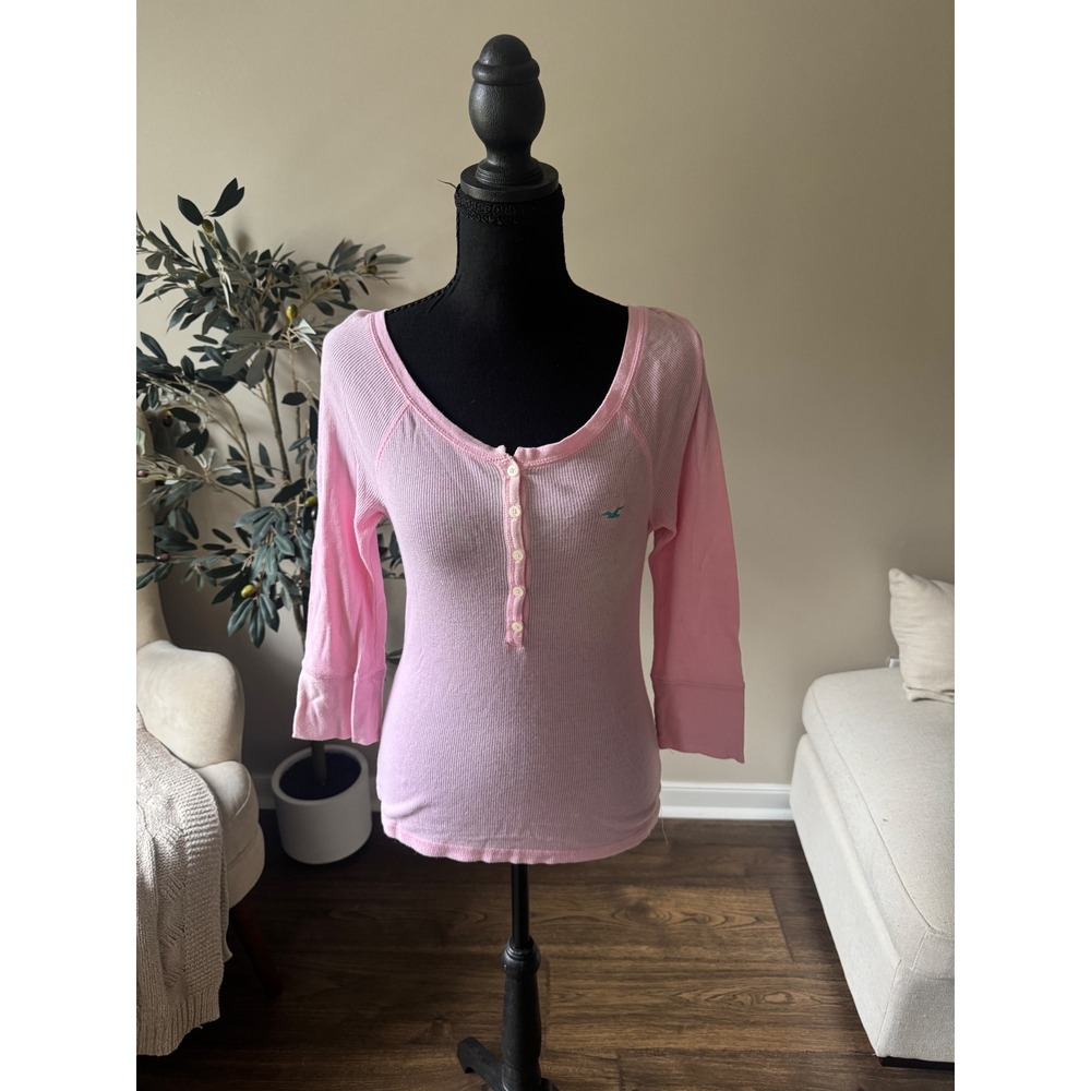 Hollister Pink Waffle Knit Henley Top 3/4 Sleeve Seagull Logo Medium